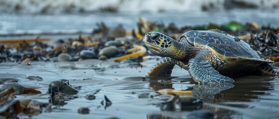 Lonely turtle swimming in polluted waters near coastline, struggling amidst plastic waste and environmental pollution.