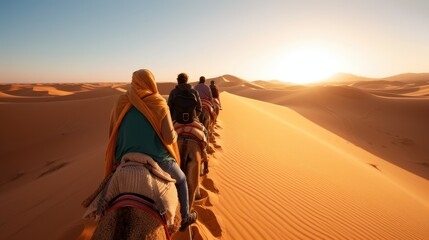 A group of people ride camels through a vast desert with sand dunes under the setting sun, capturing a travel adventure and scenic beauty of the desert landscape.