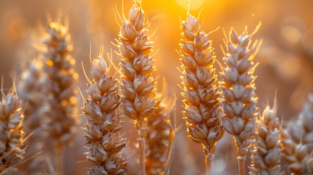 Wheat field. Ears of golden wheat close-up.