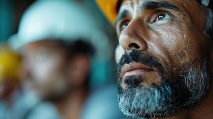 A close-up on construction workers wearing safety helmets at a busy work site, symbolizing teamwork, safety, and the hard work involved in building infrastructure.
