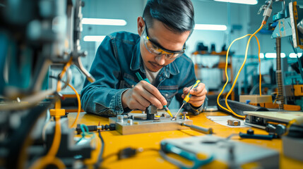 an engineer troubleshooting a piece of malfunctioning equipment, using diagnostic tools to identify the issue, Labor Day, worker, tools, engineer, with copy space