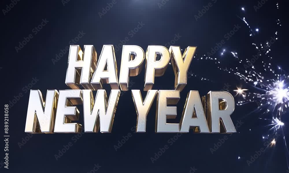 Poster a silver font with the words happy new year written in it. the font is large and bold, and the lette