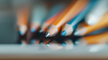 A macro photograph of various sharpened color pencils placed in a neat row, showcasing the fine details and vibrant colors, perfect for arts and crafts projects.