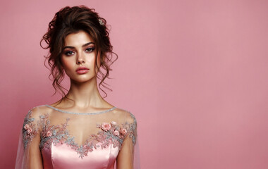 romantic portrait of a brunette bridesmaid woman in pink  elegant dress and bun hairstyle, pink backdrop with copy space