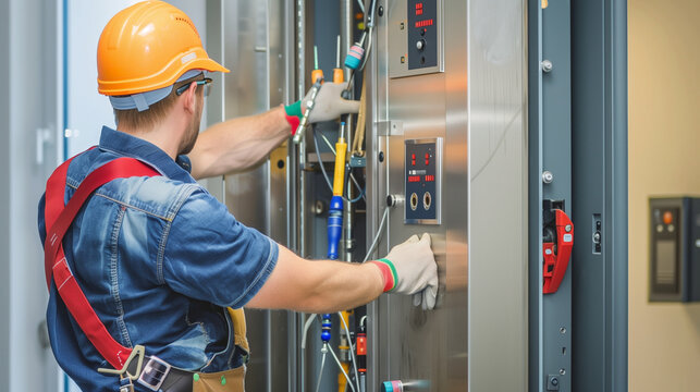 an engineer performing routine maintenance on an elevator system, checking all safety mechanisms and ensuring smooth operation, Labor Day, worker, tools, engineer, with copy space