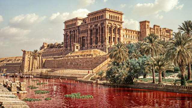Plagues of Egypt - Ancient Egyptian city with water in Nile river turned into blood. Ornate buildings line riverbanks. Palm trees, cloudy sky. Biblical first plague concept. Dramatic red water.