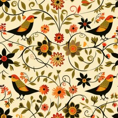 Ornate Bird and Floral Pattern Wallpaper Design