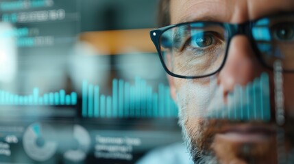 A close-up shot demonstrating a person analyzing statistical data on a digital screen, emphasizing technology and modern business analytics in a corporate environment.