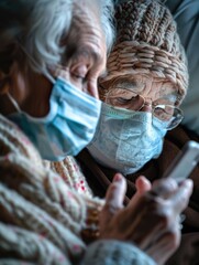 Obraz premium Older woman examining her smartphone while wearing a face mask, suitable for pandemic-related or everyday use