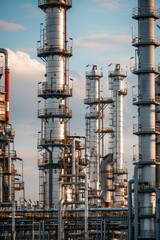 Fototapeta premium A large industrial plant with many tall pipes and a cloudy sky in the background