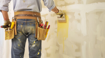 Fototapeta premium a construction worker with a tool belt, painting a newly constructed wall, highlighting the finishing touches of a project, Labor Day, worker, tools, with copy space