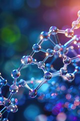 A blue and purple image of a DNA strand with many small spheres