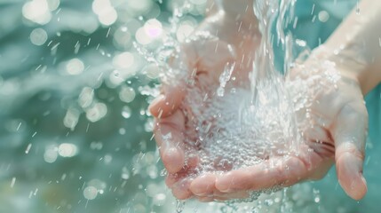 Fototapeta premium Close-up of hands cupping water droplets with sunlight reflecting, symbolizing purity, life, and conservation.
