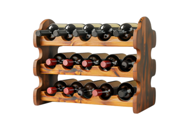 Wooden Wine Rack With Eighteen Bottles on Three Shelves