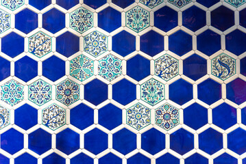 ceramic background made of blue tiles, classical ottoman tile art