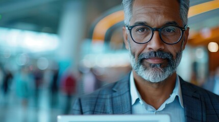 A mature man with a salt-and-pepper beard and glasses confidently holds a digital device while standing in a modern, busy indoor setting, suggesting proficiency and poise.