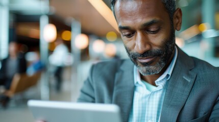 A focused man with a grayscale beard closely engages with a tablet, set against a blurred background indoors, suggesting modern technology usage and concentration.
