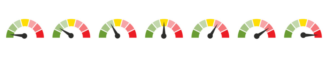 Risk meter. Risk concept on speedometer. Risk gauge meter sign. Scale low, medium or high risk on speedometer. Minimum to Maximum. Min Max. Customer satisfaction meter