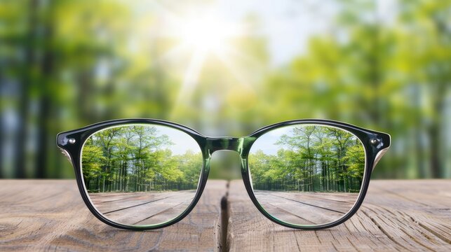 A pair of black eyeglasses sit on a wooden surface, reflecting a sunny path through a green forest