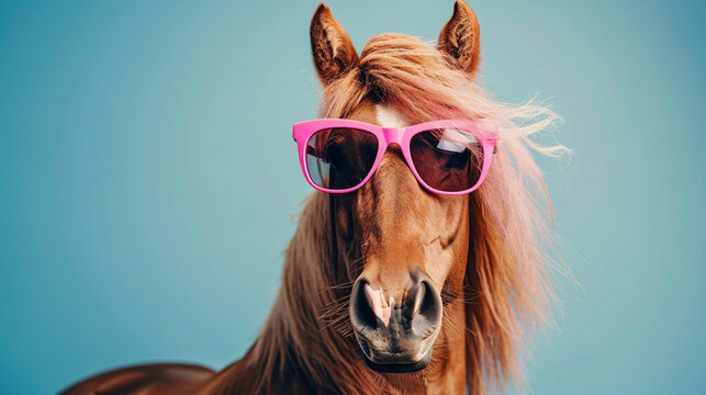 Smiling happy horse wearing fashionable sunglasses with hairstyle on blue background, . Funny photo of animal looks like a human on trend poster.