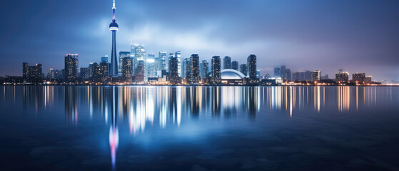 Obraz premium Tranquil Twilight: Majestic City Skyline Reflection