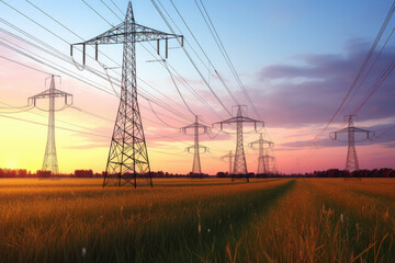 High Voltage Power Lines at Sunset