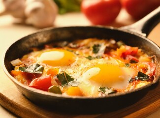 Frying pan with tasty vegetable shakshouka on light background, closeup. Tunisian Traditional Food. Dish from Tunisia.