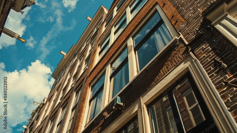 Poster a tall brick building with a clock on its side, suitable for use in architectural or urban landscape