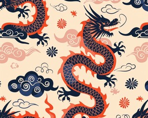Obraz premium Asianinspired minimal pattern, dragon elements, flat design illustration