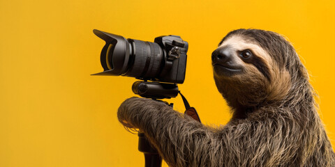 A sloth holding a camera on a tripod against an orange background, depicting wildlife photography in a humorous way.