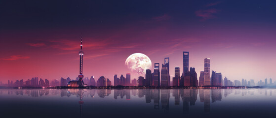 Majestic Cityscape Under Full Moon