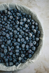 Food photography - Summer fruits blueberry background - Closeup of ripe blueberries and leaves in a baking tray