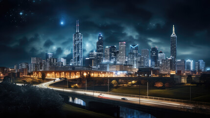 Fototapeta premium Nighttime City Skyline with Illuminated Skyscrapers