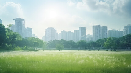 Obraz premium Urban Park with City Skyline in Morning Light