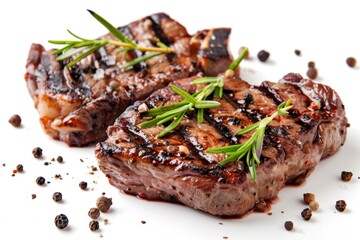 Deliciously grilled steak with spices and herbs on white background. Perfect for food blogs, restaurants, and culinary websites. Ideal for promoting grilled dishes. Generative AI