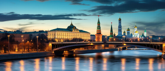 Naklejka premium Moscow Kremlin at Sunset Over River