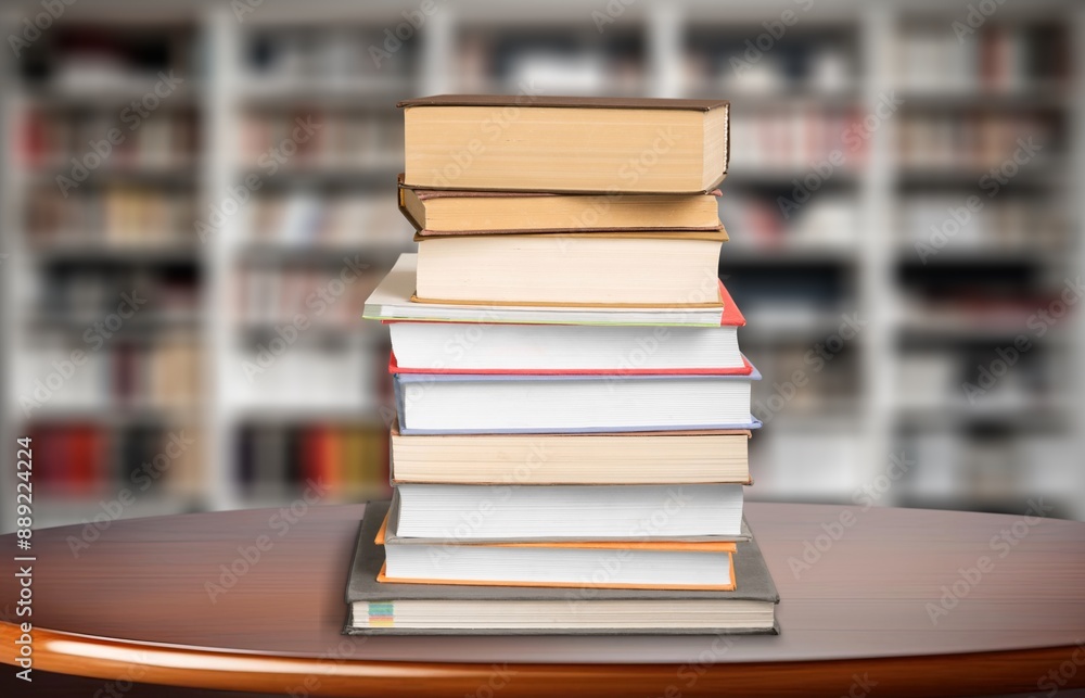 Wall mural stack of reading books at library background
