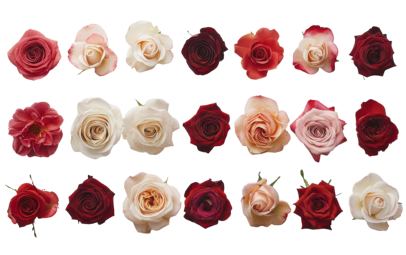 Eighteen Assorted Roses in Red, White, and Peach Hues Isolated on White Background