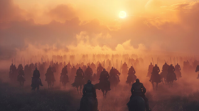 Warriors fight on foggy sunset background in a medieval battle with cavalry and infantry