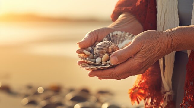 Photograph of an elderly woman exuding tranquility, her weathered hands clutching a seashell as she walks along a vibrant beach teeming with life.
