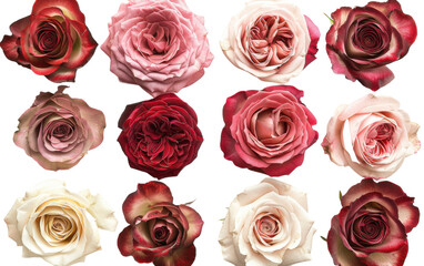 Twelve Open Roses of Varying Shades of Red and Pink on White Background