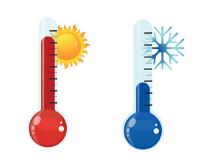 Hot and Cold Thermometers Vector Illustration.  Temperature Contrast: Hot and Cold Thermometers