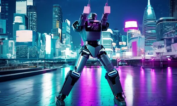 A robot is standing in the middle of a busy city street. The robot is surrounded by people and buildings. The robot is wearing a suit and he is performing a dance. The scene is lively and energetic