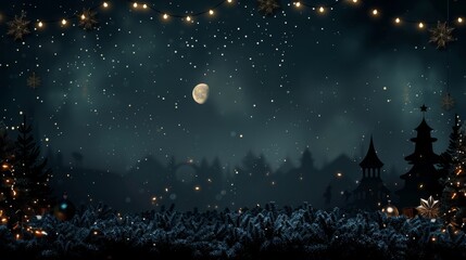 Fototapeta premium Enchanted Winter Night Landscape with Moon and Festive Lights