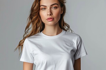 Fototapeta premium White tshirt mockup on woman model created with Generative AI