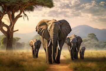 Obraz premium Majestic Elephant Herd Roaming African Savannah