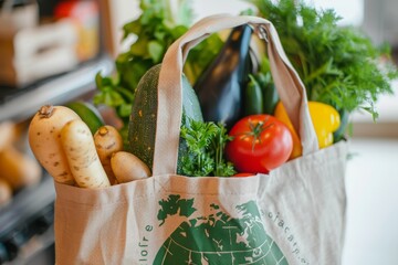 A recyclable cloth bag full of groceries. A good environmental care practice.