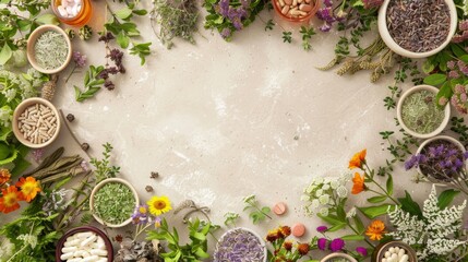 Natural Herbal Medicine and Aromatherapy Ingredients on Beige Background