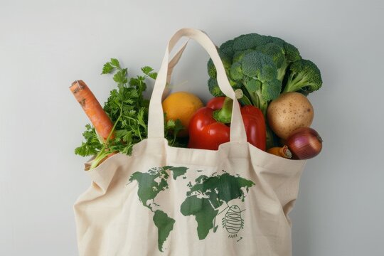 A recyclable cloth bag full of groceries. A good environmental care practice.