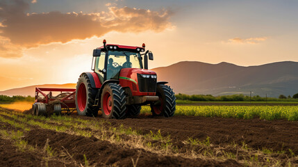 Obraz premium Modern Agriculture: Tractor Tilling Soil at Dusk